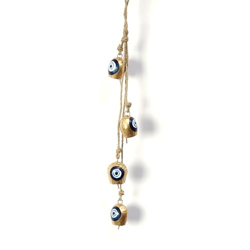DULI Handcrafted Metal Wall Hanging Latkan with Colorful Bells | Decorative Door Side Hanging | Gold Painted with Rustic Finish | Soothing Sound for Home & Balcony Décor (MetlLatkan- Evileye) - Image 2