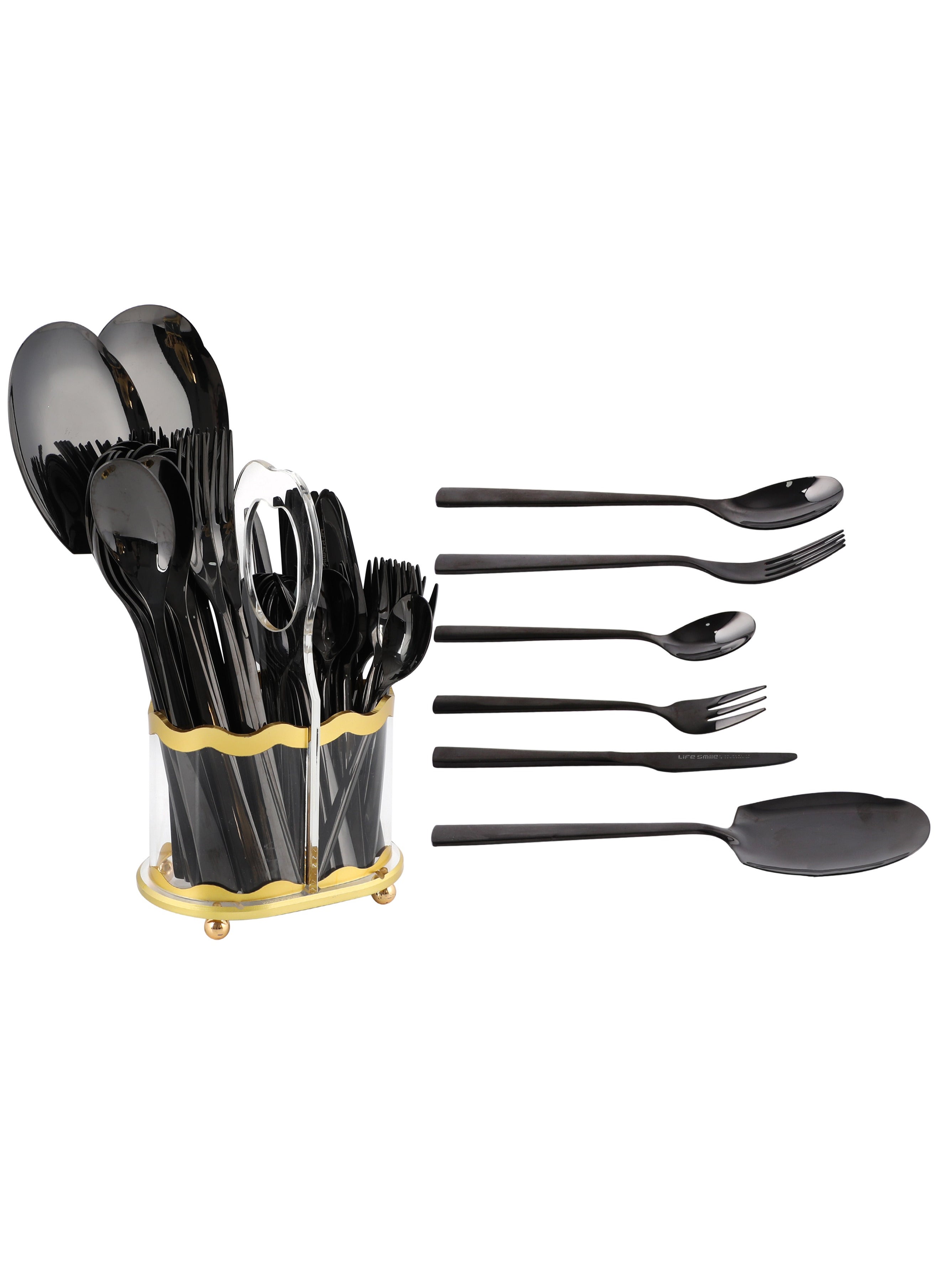 Life Smile LIFE SMILE 63-Piece 18/10 Stainless Steel Spoon Cutlery Set Includes Knife and Forks With Cutlery Holder Tea And Ice Spoons Dinner And Cake Fork, Fruit Knife, Soup Ladle, Rice Server (Black) 