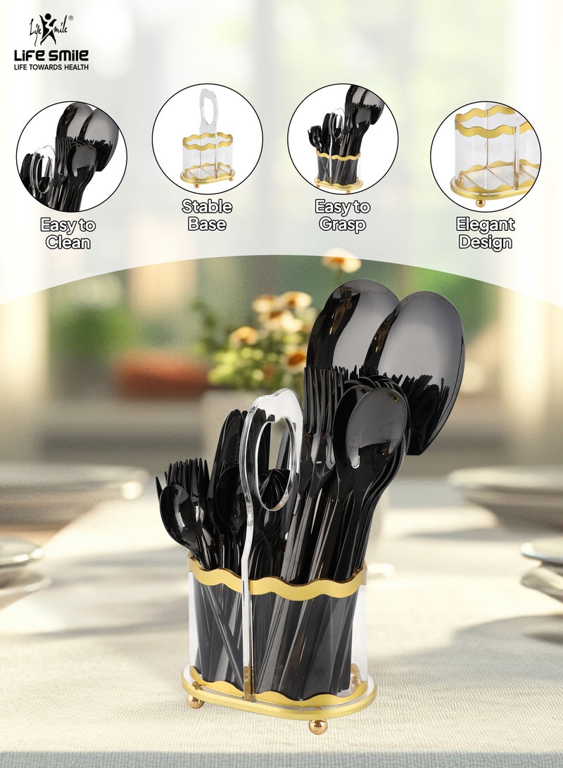 Life Smile LIFE SMILE 63-Piece 18/10 Stainless Steel Spoon Cutlery Set Includes Knife and Forks With Cutlery Holder Tea And Ice Spoons Dinner And Cake Fork, Fruit Knife, Soup Ladle, Rice Server (Black)  - Image 4