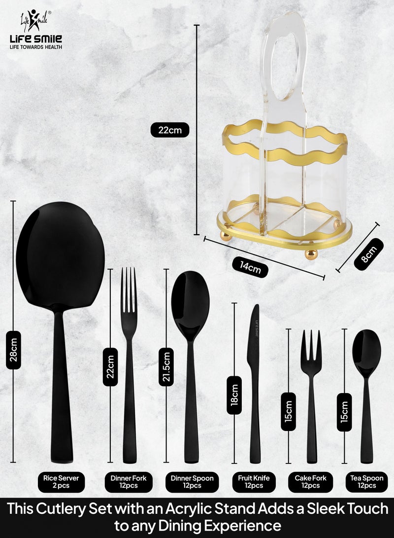 Life Smile LIFE SMILE 63-Piece 18/10 Stainless Steel Spoon Cutlery Set Includes Knife and Forks With Cutlery Holder Tea And Ice Spoons Dinner And Cake Fork, Fruit Knife, Soup Ladle, Rice Server (Black)  - Image 5