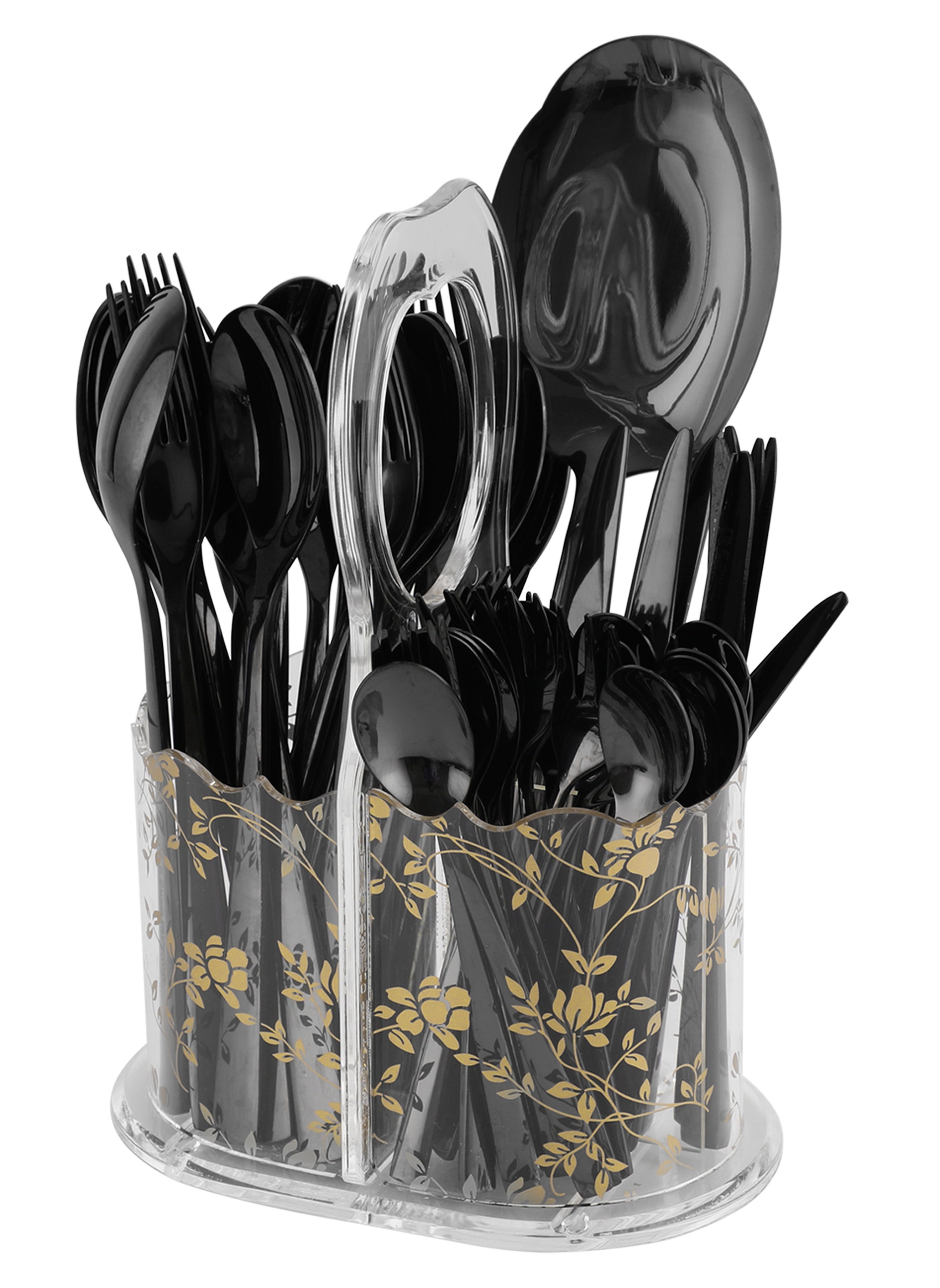 Life Smile LIFE SMILE 63-Piece 18/10 Stainless Steel Spoon Cutlery Set Includes Knife and Forks With Cutlery Holder Tea And Ice Spoons Dinner And Cake Fork, Fruit Knife, Soup Ladle, Rice Server (Black) 