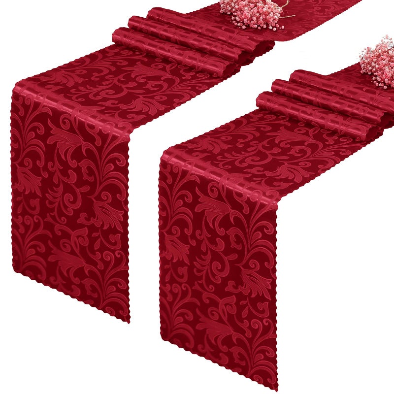 Eychei 2 Pack Red Satin Table Runner 12 x 108 Inch Long, Bright Smooth Damask Table Runner, Silky Jacquard Dinner Table Runner Decorations for Weddings, Banquet, Birthday Parties, Graduations - Image 1