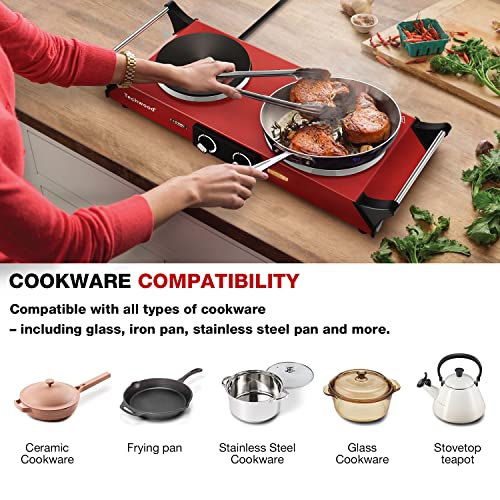 Techwood Hot Plate, Techwood 1800W Portable Electric Stove for Cooking Countertop Dual Burner with Adjustable Temperature & Stay Cool Handles, 7.5” Cooktop for Home/RV/Camp, Compatible for All Cookware, Red - Image 3