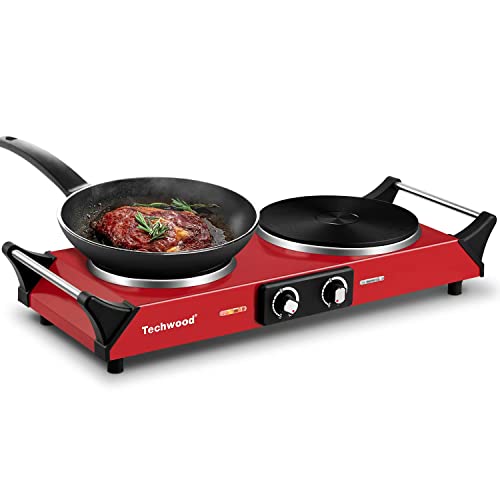 Techwood Hot Plate, Techwood 1800W Portable Electric Stove for Cooking Countertop Dual Burner with Adjustable Temperature & Stay Cool Handles, 7.5” Cooktop for Home/RV/Camp, Compatible for All Cookware, Red - Image 1
