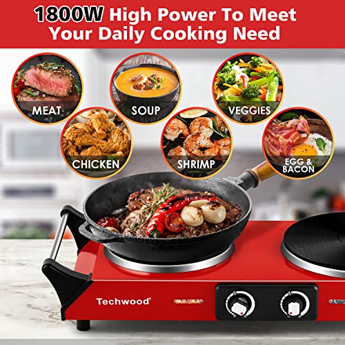 Techwood Hot Plate, Techwood 1800W Portable Electric Stove for Cooking Countertop Dual Burner with Adjustable Temperature & Stay Cool Handles, 7.5” Cooktop for Home/RV/Camp, Compatible for All Cookware, Red - Image 4