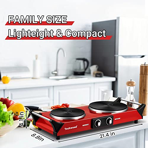 Techwood Hot Plate, Techwood 1800W Portable Electric Stove for Cooking Countertop Dual Burner with Adjustable Temperature & Stay Cool Handles, 7.5” Cooktop for Home/RV/Camp, Compatible for All Cookware, Red - Image 5