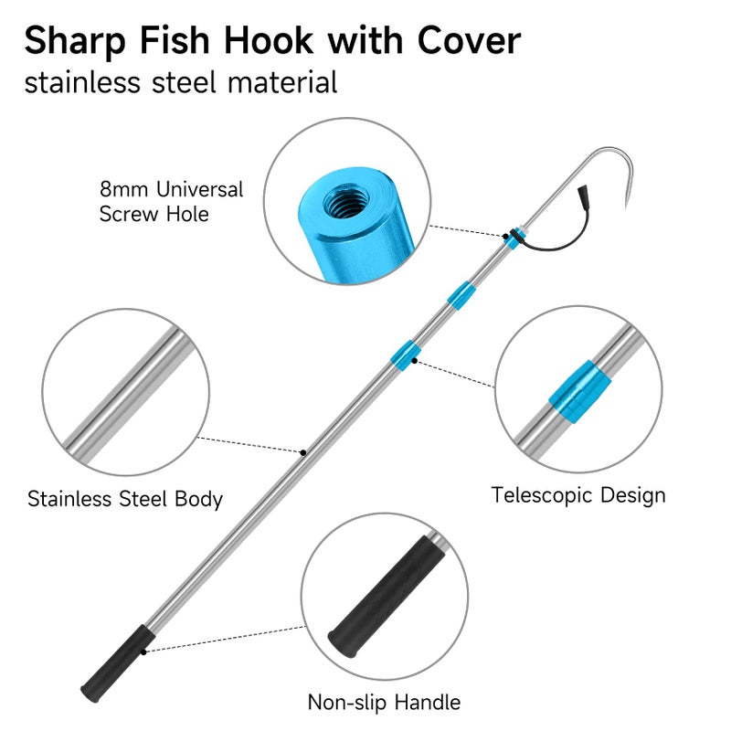 SAN LIKE Telescopic Fishing Gaff, 2.87-6.22FT Stainless Steel Retractable Telescopic Pole with Sea Fishing Hook Tackle for Saltwater Offshore Ice Tool - Image 4
