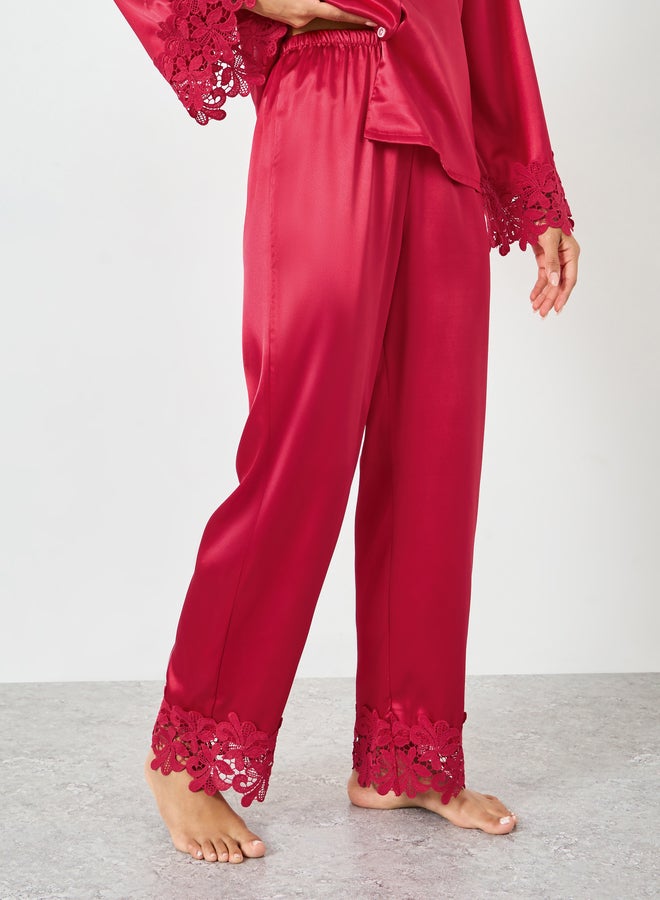 Take Two Burgundy Lace Trim Satin Shirt and Pyjama Set - Image 5