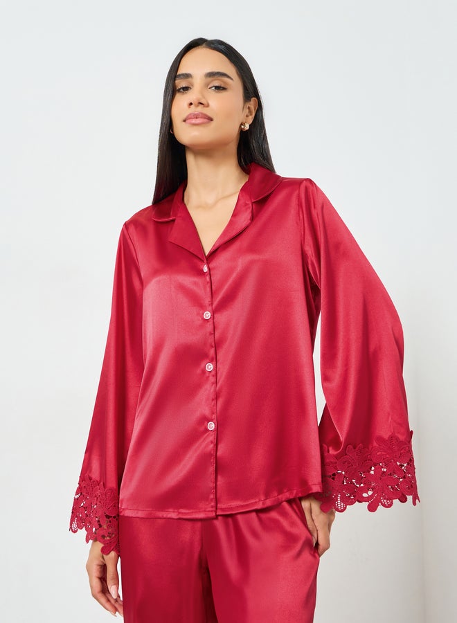 Take Two Burgundy Lace Trim Satin Shirt and Pyjama Set - Image 3