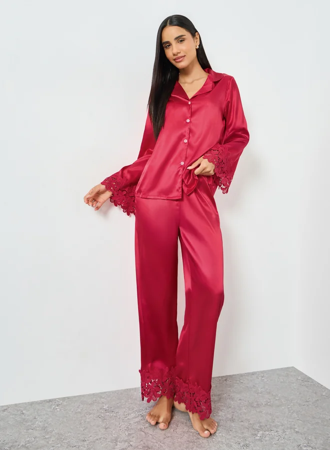 Take Two Burgundy Lace Trim Satin Shirt and Pyjama Set