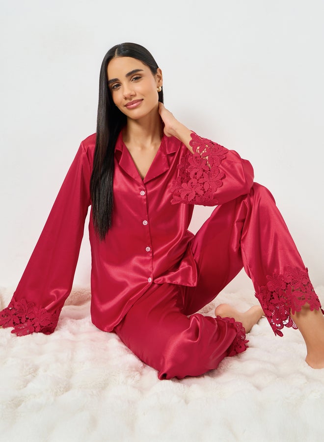 Take Two Burgundy Lace Trim Satin Shirt and Pyjama Set - Image 1