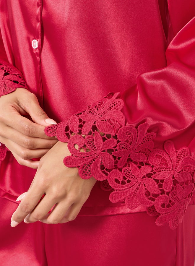 Take Two Burgundy Lace Trim Satin Shirt and Pyjama Set - Image 4