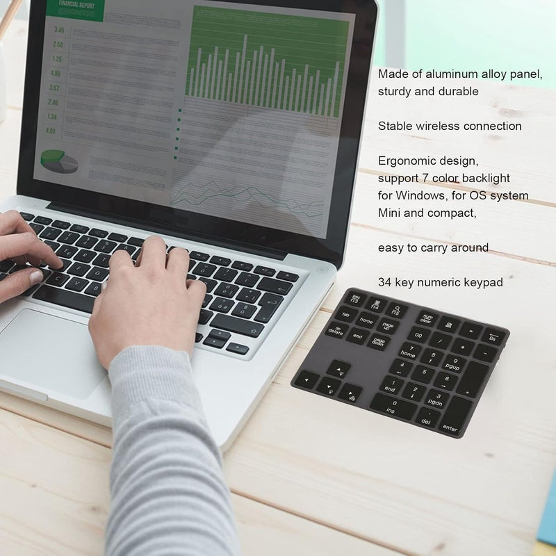لوحة مفاتيح رقمية بلوتوث من Yoidesu، لوحة مفاتيح لاسلكية مزودة بإضاءة خلفية بـ 7 ألوان، مصنوعة من سبيكة الألومنيوم الرقيقة جدًا وتحتوي على 34 مفتاحًا، مناسبة لأجهزة اللابتوب وأجهزة الكمبيوتر والأجهزة اللوحية. - Image 2