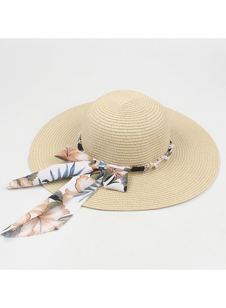 KUYING New Hat Children's Fashion Print Ribbon Beach Sunshade 