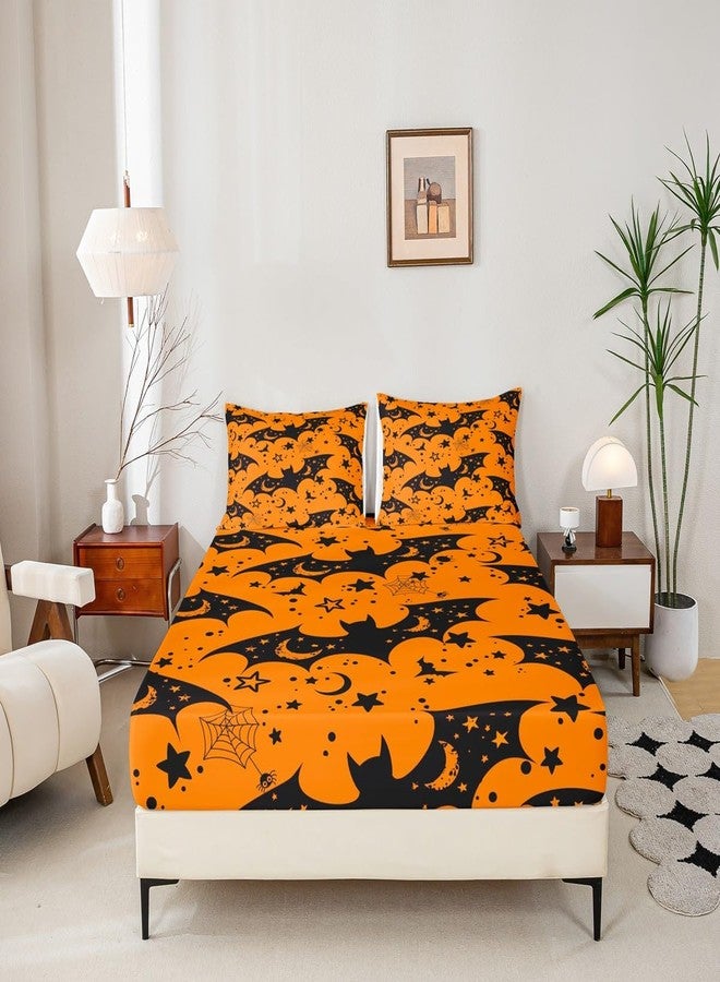 Feelyou Kids Happy Halloween Sheet Set Queen Size Cobweb Bat Cute Star Print Bed Sheets Set for Boys Teens Decor Horror Theme Sheets with Deep Pocket Fitted Sheet Witchcraft Bedroom 4Pcs - Image 5