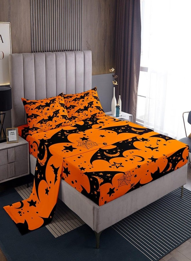 Feelyou Kids Happy Halloween Sheet Set Queen Size Cobweb Bat Cute Star Print Bed Sheets Set for Boys Teens Decor Horror Theme Sheets with Deep Pocket Fitted Sheet Witchcraft Bedroom 4Pcs - Image 1