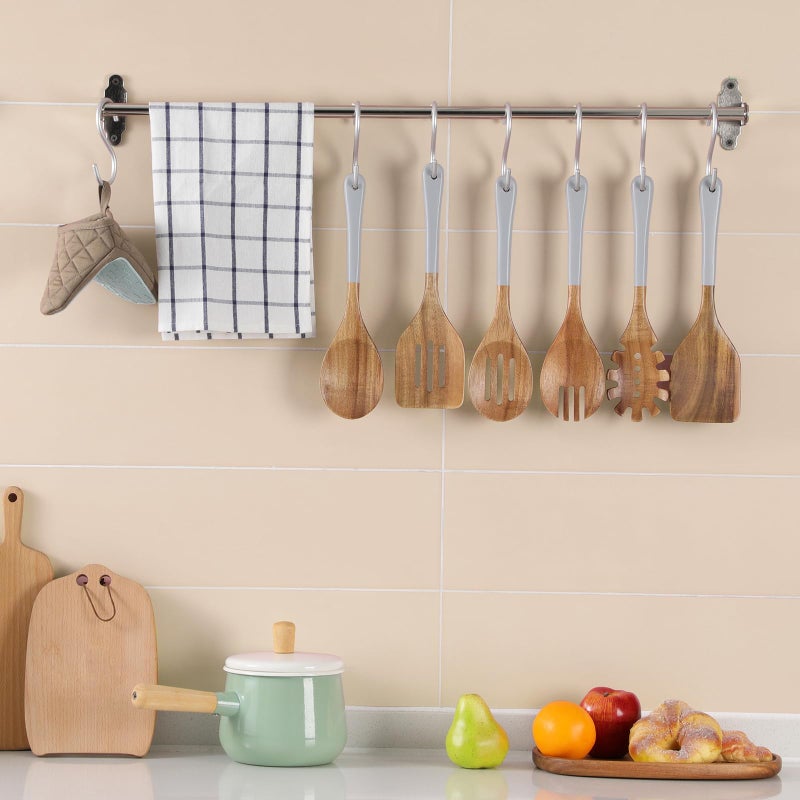 ROSOS Wooden Spoons For Cooking, 6 Pieces Natural Acacia Wooden Cooking Utensils or Non-Stick Wooden Kitchen Utensil Set for Kitchen Essentials, Wood Cooking Utensils Set with Hanging Hole, Grey - Image 5