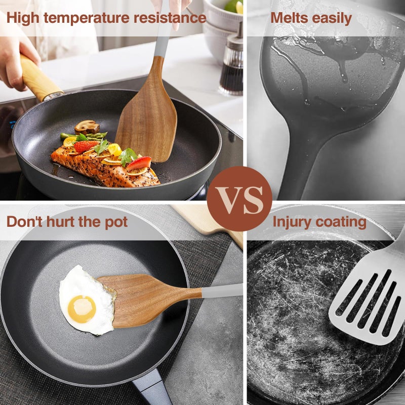ROSOS Wooden Spoons For Cooking, 6 Pieces Natural Acacia Wooden Cooking Utensils or Non-Stick Wooden Kitchen Utensil Set for Kitchen Essentials, Wood Cooking Utensils Set with Hanging Hole, Grey - Image 3