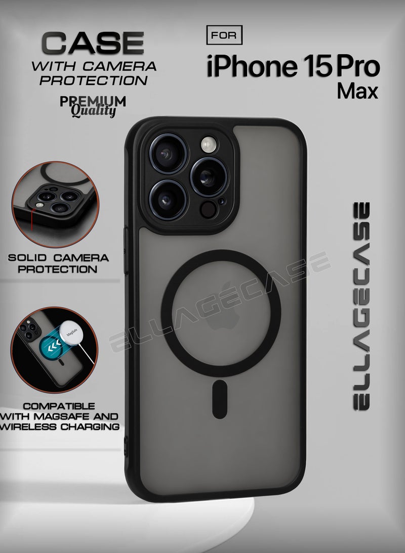 ELLAGECASE حافظة لجهاز iPhone 15 Pro Max، حافظة رفيعة جداً بدون إطار مع شحن لاسلكي MagSafe، حماية كاميرا قوية، غطاء مغناطيسي مضاد للصدمات باللون الأسود - Image 1