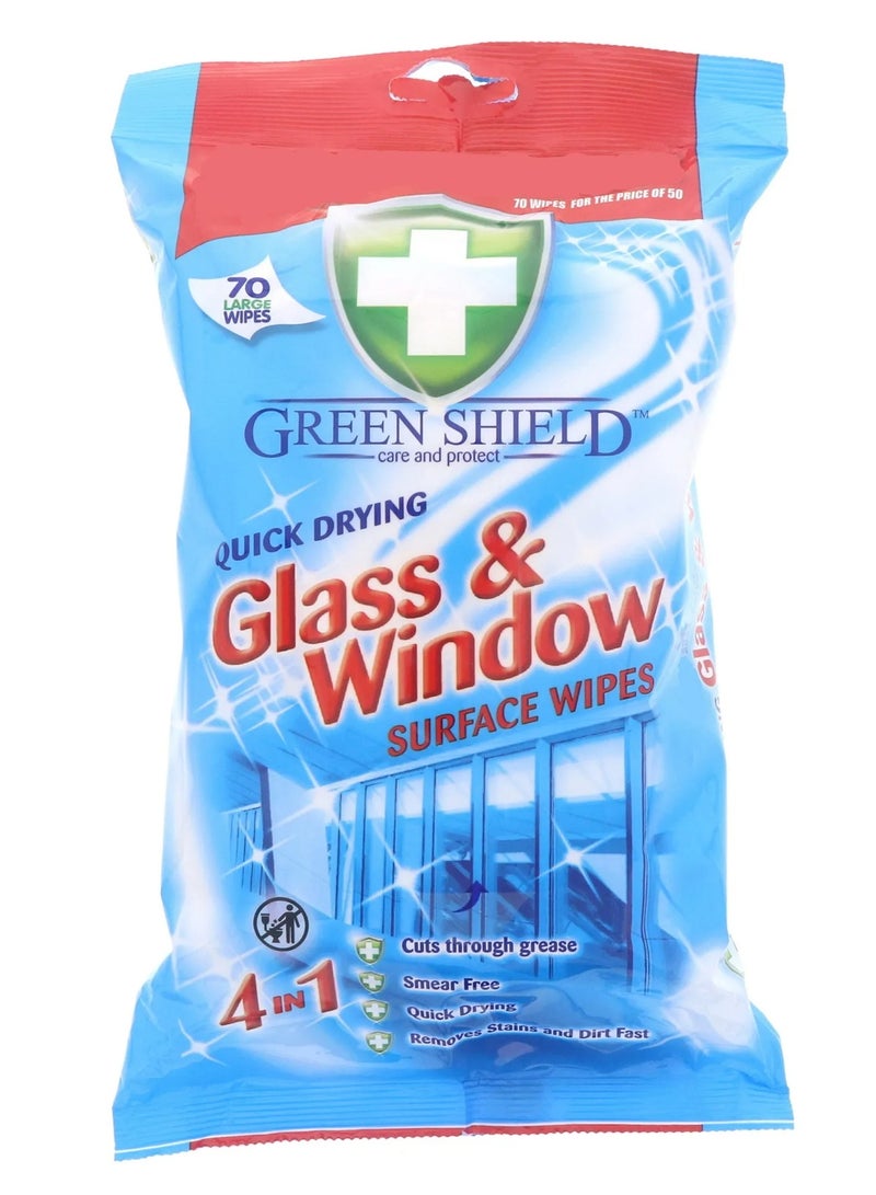Greenshield Green Shield 4-in-1 Glass & Window Cleaning Wipes 70 Large Wipes (40% Extra Free) – Streak-Free Shine, Quick Drying, Removes Grease, Smudges & Dirt, Multi Surface Cleaner for Glass, Mirrors & Windows - Image 1