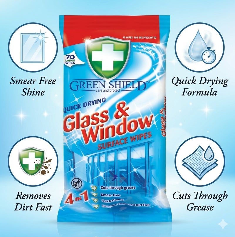 Greenshield Green Shield 4-in-1 Glass & Window Cleaning Wipes 70 Large Wipes (40% Extra Free) – Streak-Free Shine, Quick Drying, Removes Grease, Smudges & Dirt, Multi Surface Cleaner for Glass, Mirrors & Windows - Image 2