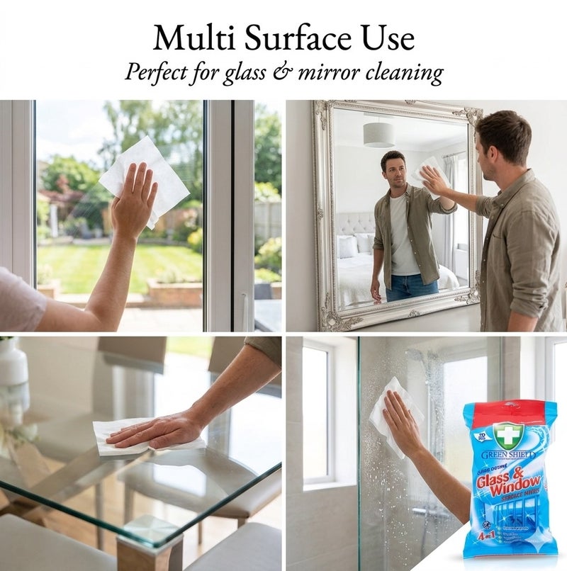 Greenshield Green Shield 4-in-1 Glass & Window Cleaning Wipes 70 Large Wipes (40% Extra Free) – Streak-Free Shine, Quick Drying, Removes Grease, Smudges & Dirt, Multi Surface Cleaner for Glass, Mirrors & Windows - Image 3