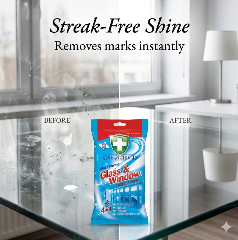 Greenshield Green Shield 4-in-1 Glass & Window Cleaning Wipes 70 Large Wipes (40% Extra Free) – Streak-Free Shine, Quick Drying, Removes Grease, Smudges & Dirt, Multi Surface Cleaner for Glass, Mirrors & Windows - Image 4