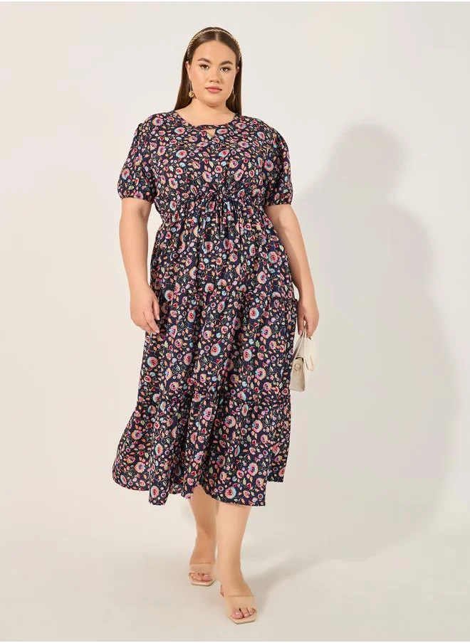 ستايلي Plus Size Floral Print Keyhole Neck Tiered Midi Dress