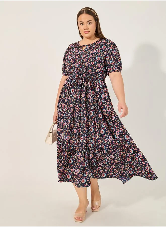 Styli Plus Size Floral Print Keyhole Neck Tiered Midi Dress