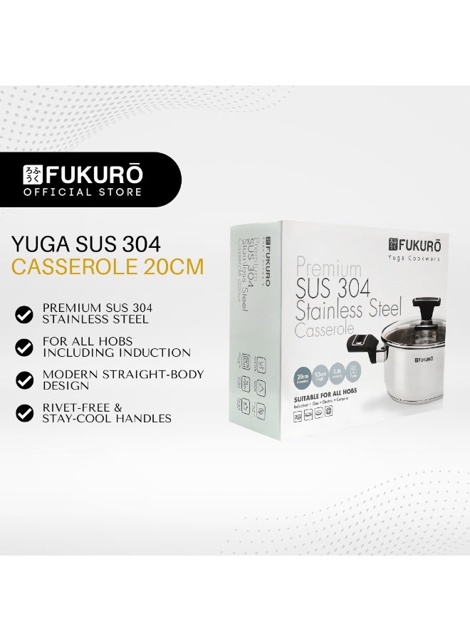 Fukuro Yuga 304 Stainless Steel Casserole With Lid - 20cm - Image 1