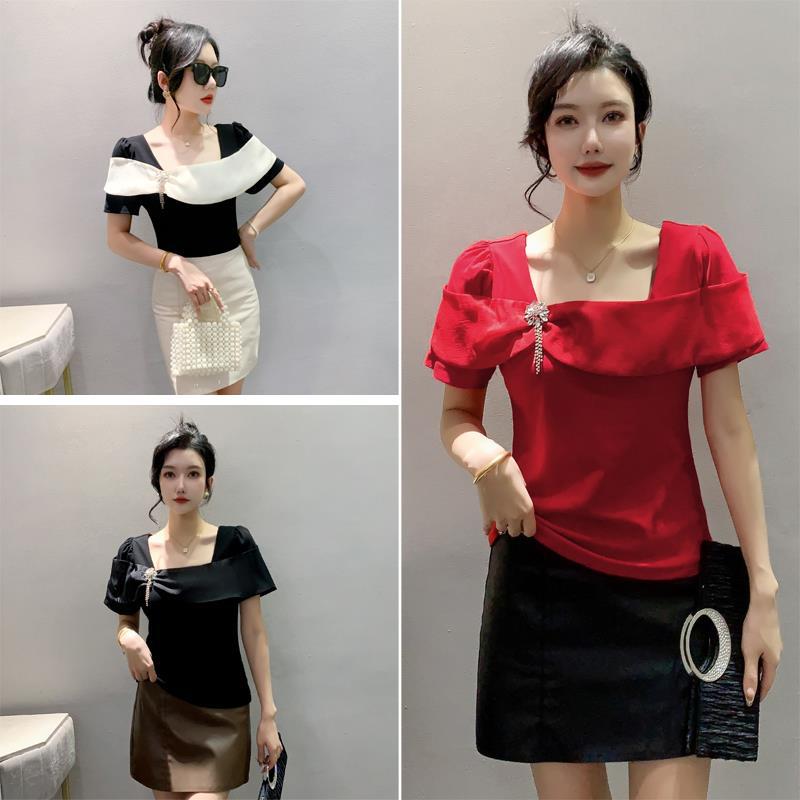 Real S 2024 Style Chic Stitching Ruffled Square Collar Top Short Sleeve T-Shirt Women'S Tide - Image 5