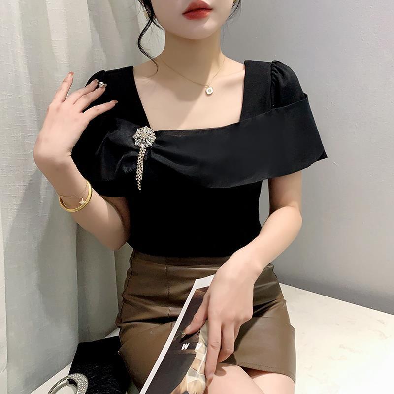 Real S 2024 Style Chic Stitching Ruffled Square Collar Top Short Sleeve T-Shirt Women'S Tide - Image 1