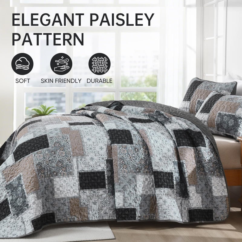 Xruibed Grey Quilt Set Queen Size 3 Pieces Plaid Floral Boho Bedspread Coverlet Set Patchwork Pattern Reversible Bedding Set Soft Microfiber Bedspread Set Queen for All Season(Queen 96"x90") - Image 3