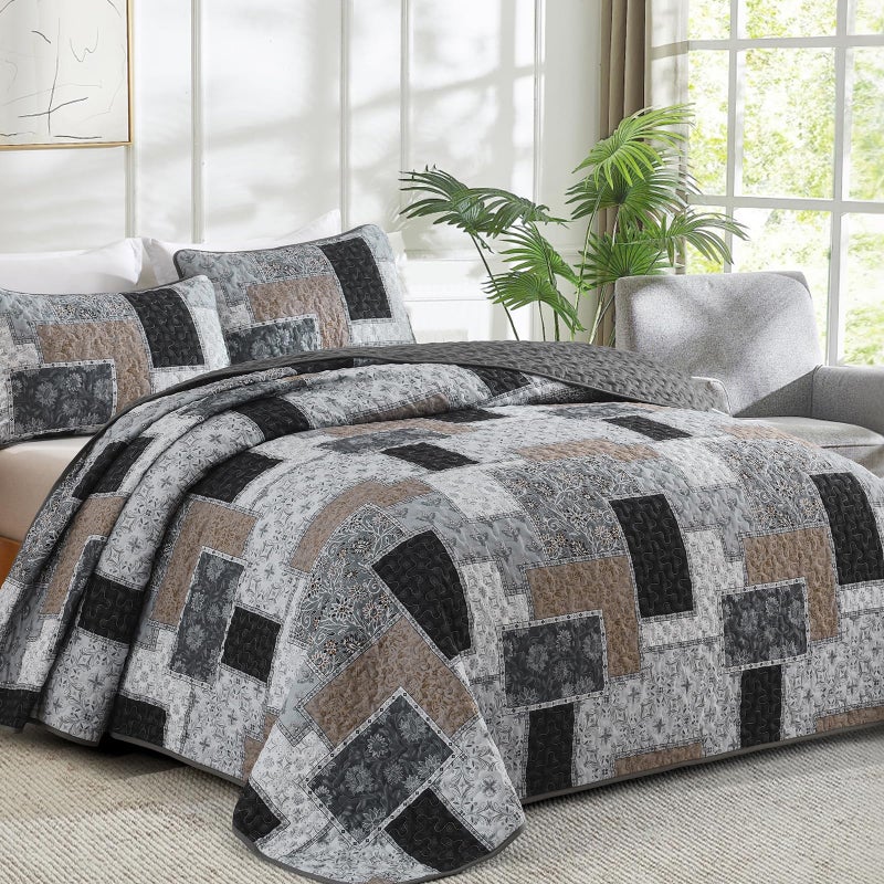 Xruibed Grey Quilt Set Queen Size 3 Pieces Plaid Floral Boho Bedspread Coverlet Set Patchwork Pattern Reversible Bedding Set Soft Microfiber Bedspread Set Queen for All Season(Queen 96"x90") - Image 2