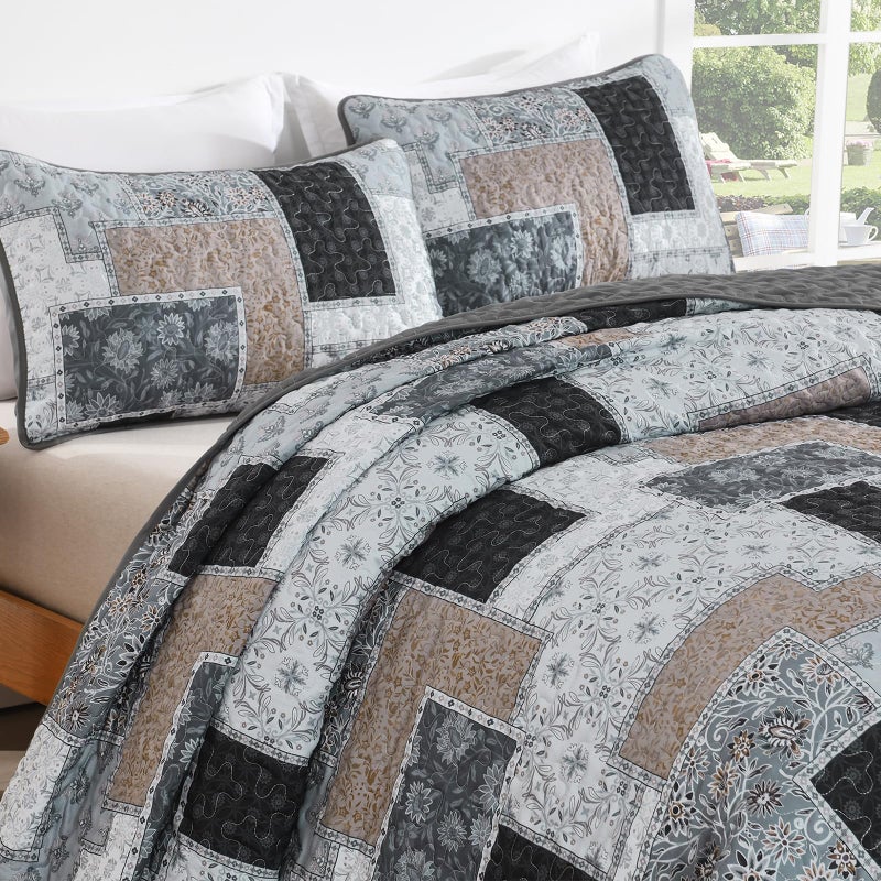Xruibed Grey Quilt Set Queen Size 3 Pieces Plaid Floral Boho Bedspread Coverlet Set Patchwork Pattern Reversible Bedding Set Soft Microfiber Bedspread Set Queen for All Season(Queen 96"x90") - Image 5