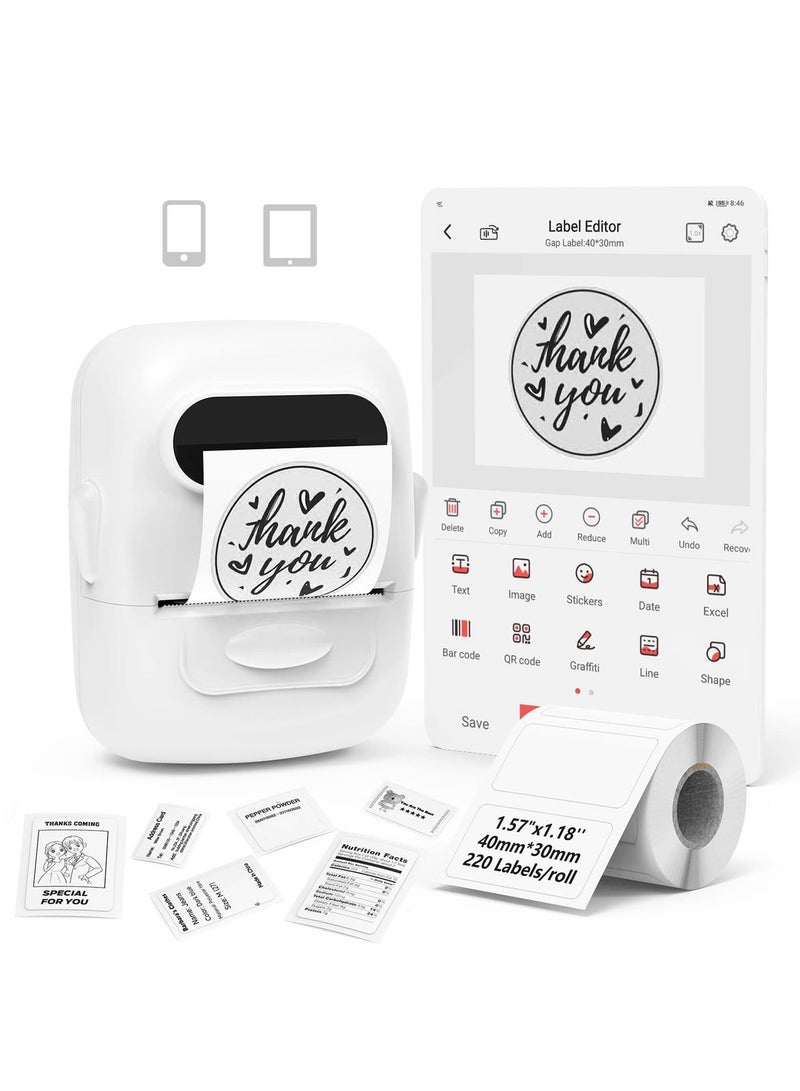 Portable Bluetooth Thermal Label Maker with Barcode (White, 1 Roll Label) - Image 1