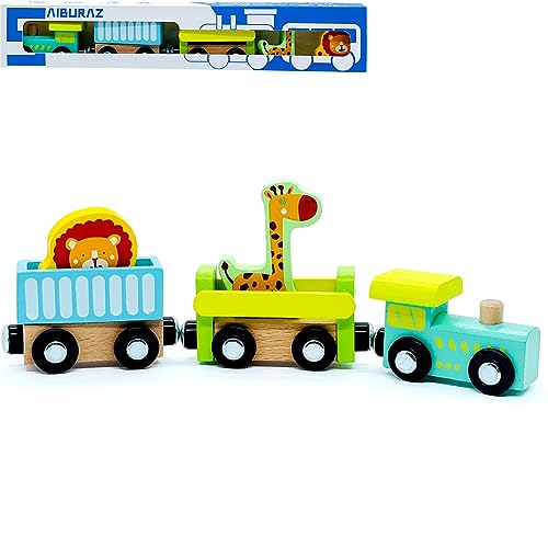SAIBURAZ Wooden Trains Cars with Crane Magnetic Train Toys for Wooden Train Tracks Train Sets for Toddlers and Kids Ages 3 Zoo Train - Image 1
