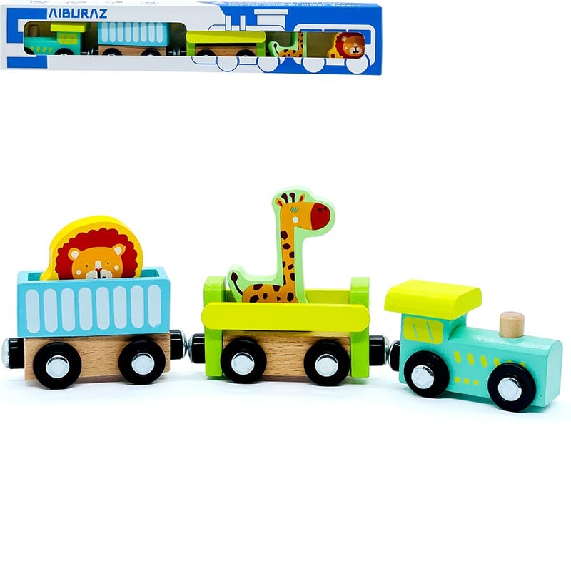 SAIBURAZ Wooden Trains Cars with Crane Magnetic Train Toys for Wooden Train Tracks Train Sets for Toddlers and Kids Ages 3 Zoo Train - Image 2