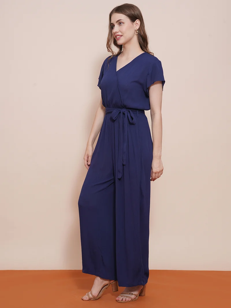 جلو باص Women Wrap Neck Cap Sleeves Waist Tie-Up Wide-Leg Jumpsuit