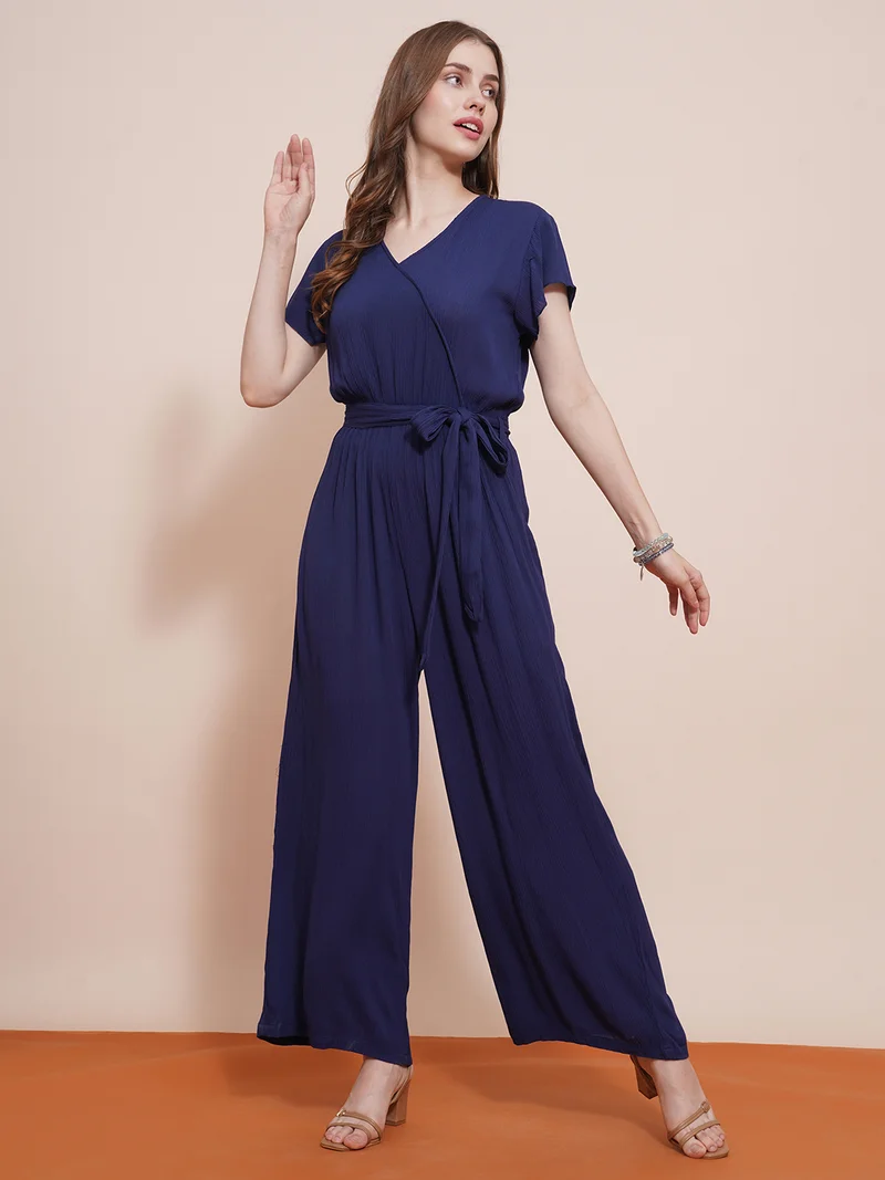 جلو باص Women Wrap Neck Cap Sleeves Waist Tie-Up Wide-Leg Jumpsuit