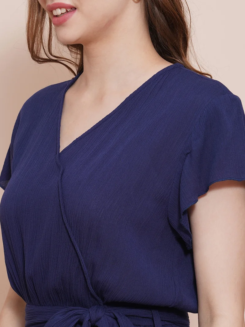 globus Women Wrap Neck Cap Sleeves Waist Tie-Up Wide-Leg Jumpsuit