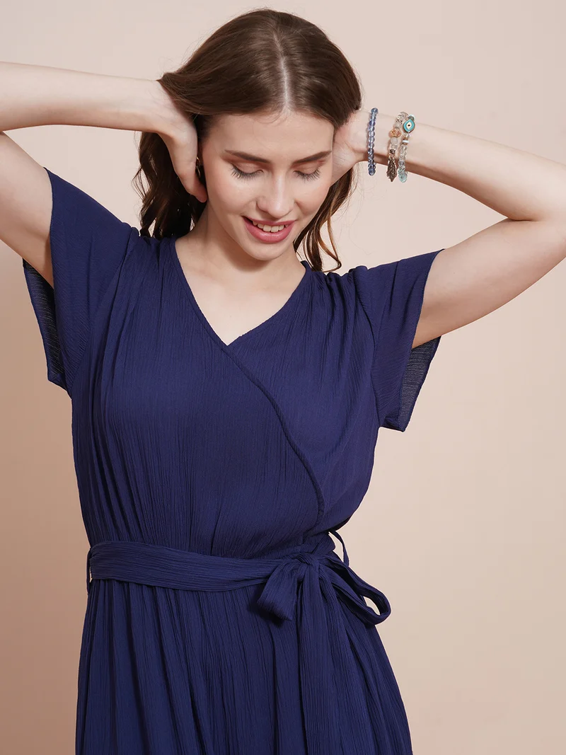 globus Women Wrap Neck Cap Sleeves Waist Tie-Up Wide-Leg Jumpsuit