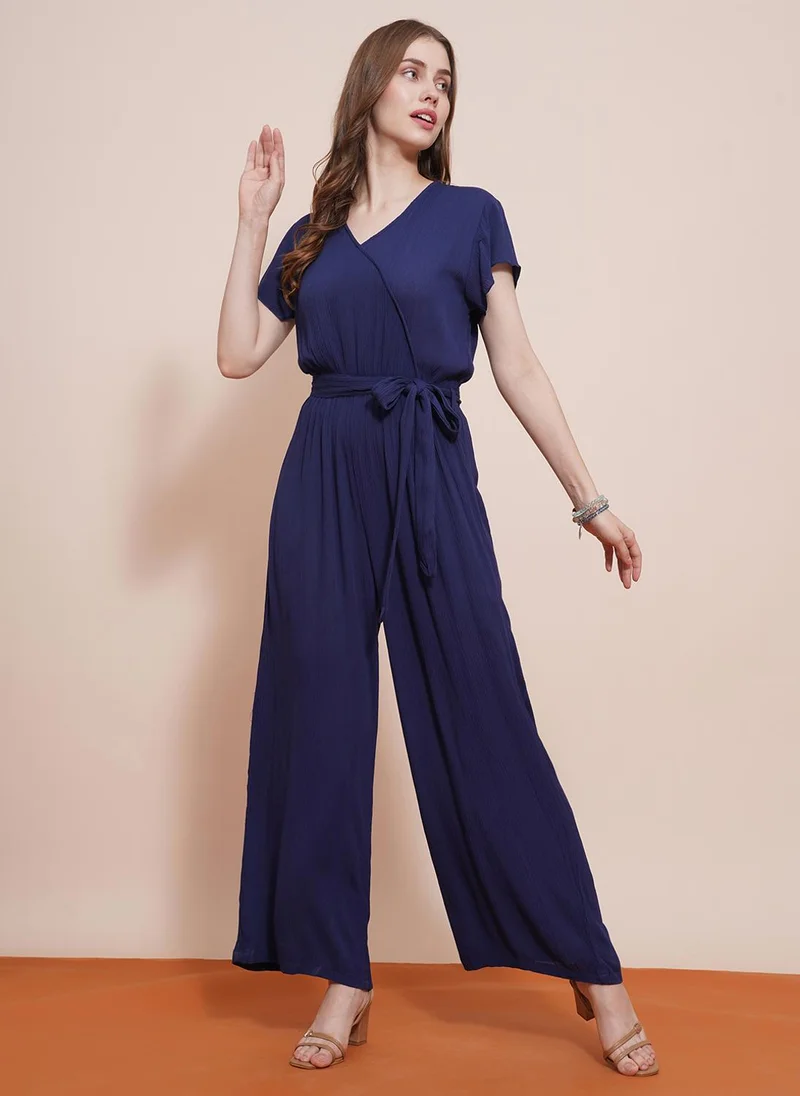 Globus Women Wrap Neck Cap Sleeves Waist Tie-Up Wide-Leg Jumpsuit