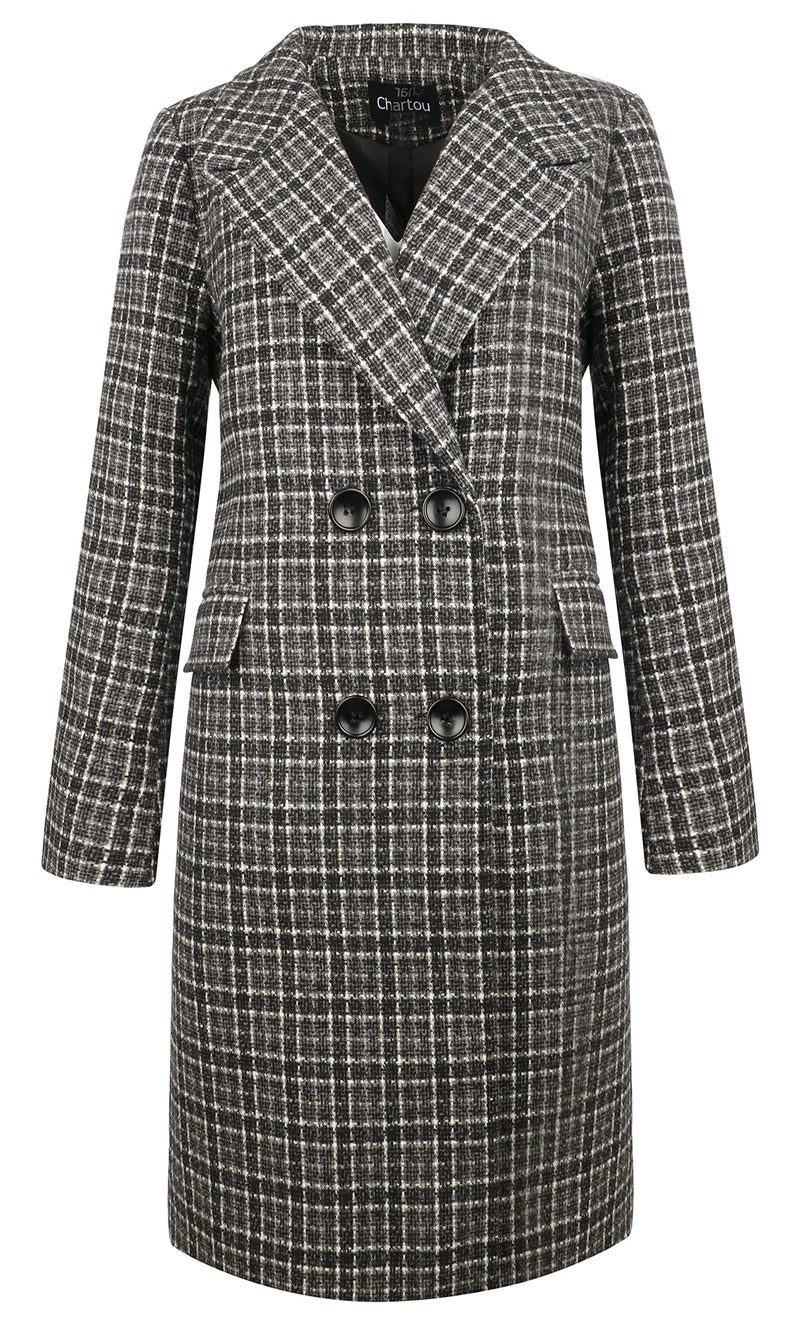 CHARTOU Women's Winter Oversize Lapel Collar Woolen Plaid Double Breasted Long Peacoat Jacket (XX-Large, Black) - Image 5