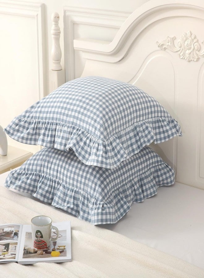 Silnuo Light Blue Plaid Ruffle Throw Pillow Covers Set of 2,Washed Cotton Shabby Checkered Gingham Pillow Shams Decorative Shams 24"x24" for Sofa,Couch,Liviing Room - Image 5