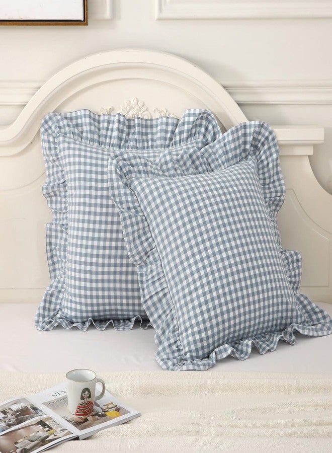Silnuo Light Blue Plaid Ruffle Throw Pillow Covers Set of 2,Washed Cotton Shabby Checkered Gingham Pillow Shams Decorative Shams 24"x24" for Sofa,Couch,Liviing Room - Image 2