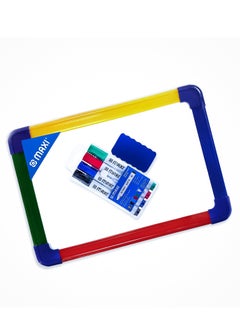 Maxi 2 Sided dry wipe Whiteboard A4 20x30cm + 4pc whiteboard Colour Markers, Child Safe Non Toxic Inks+ 1pc dry wipe Eraser