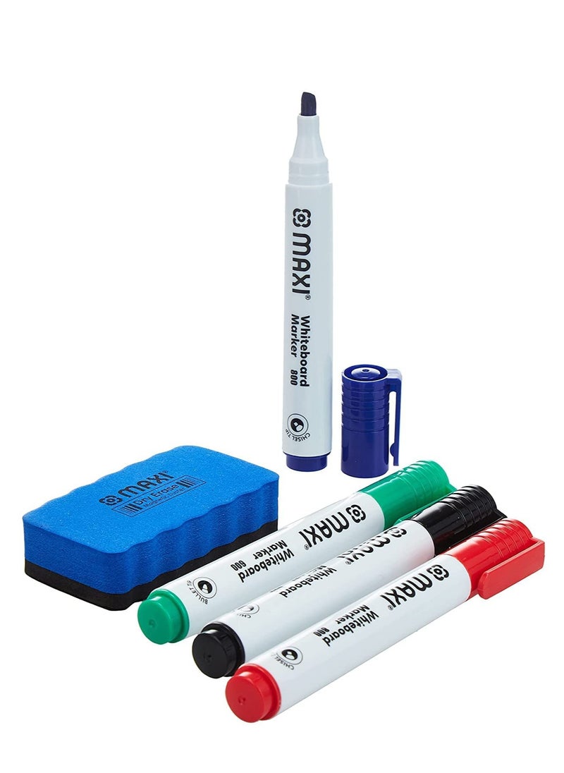 Maxi - Maxi 2 Sided dry wipe Whiteboard A4 20x30cm + 4pc whiteboard Colour Markers, Child Safe Non Toxic Inks+ 1pc dry wipe Eraser - Image 1