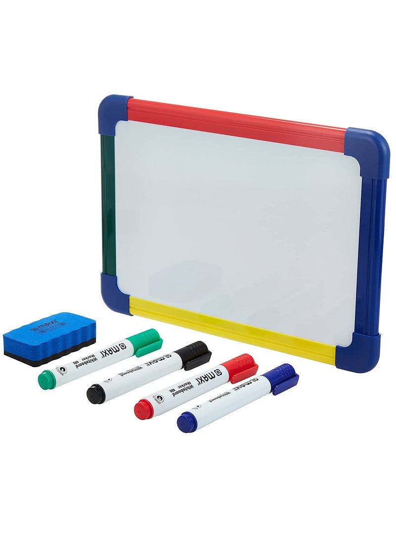 Maxi - Maxi 2 Sided dry wipe Whiteboard A4 20x30cm + 4pc whiteboard Colour Markers, Child Safe Non Toxic Inks+ 1pc dry wipe Eraser - Image 1