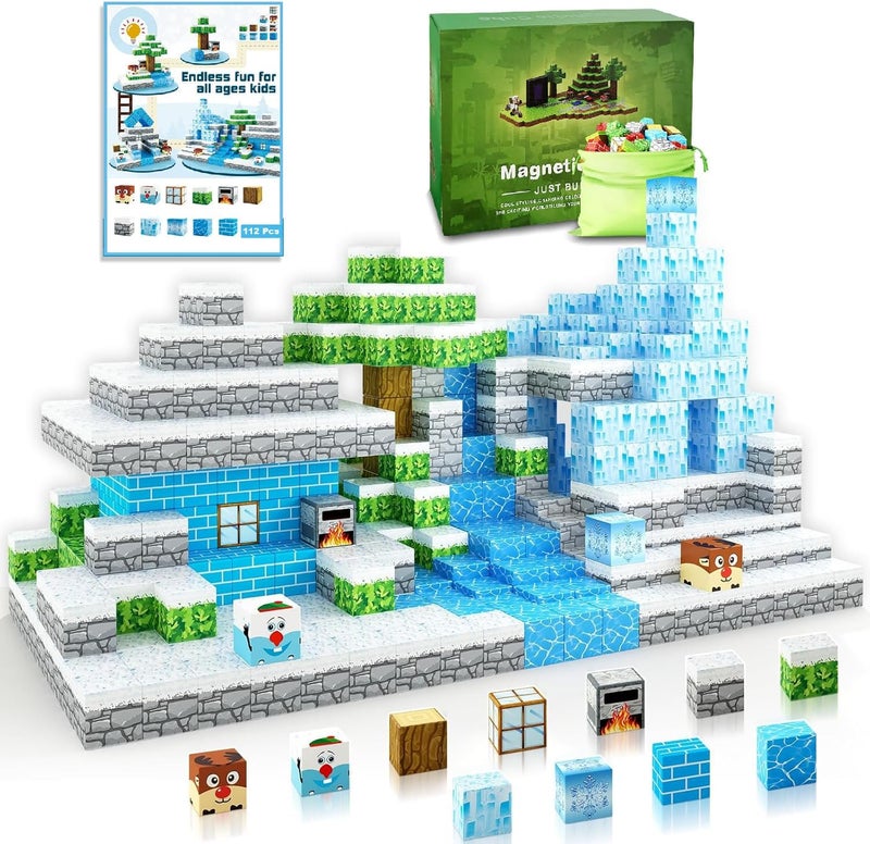 Moonmen Magnetic Building Blocks Set, Mine Magnet World Set For Toddler Educational STEM Construction Toy, Non-Toxic ABS Material Magnet Cubes Construction Toys (112 Pcs Snow World) - Image 1